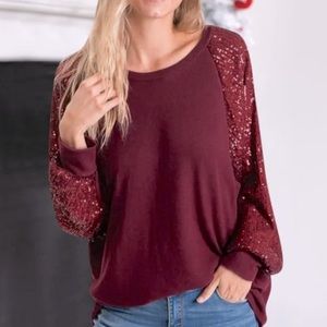 Judith March Wine Sequin Sleeve Sweatshirt